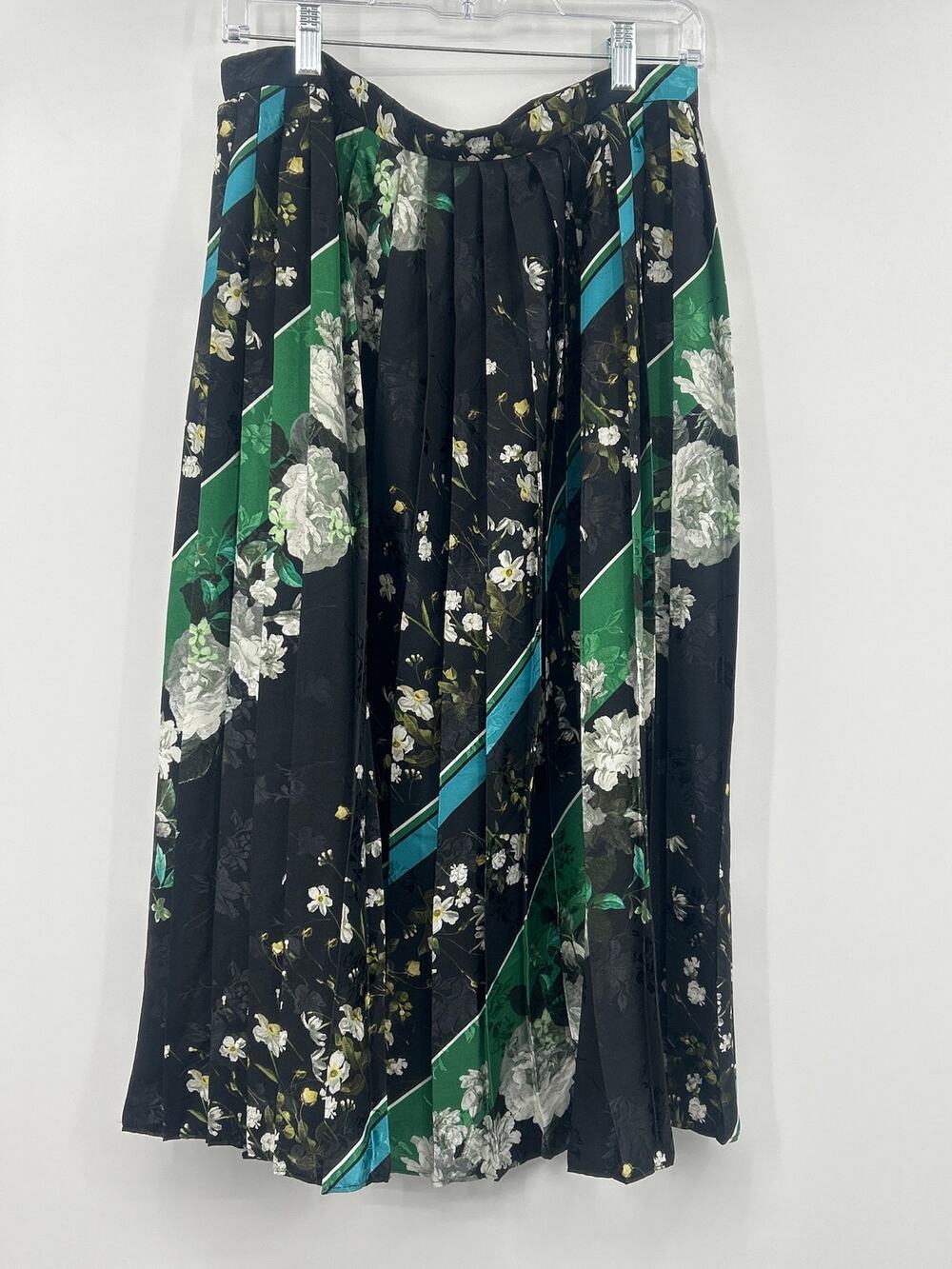ERDEM Designer Floral Pleated Midi Skirt Black Green Botanical Garden Size L?